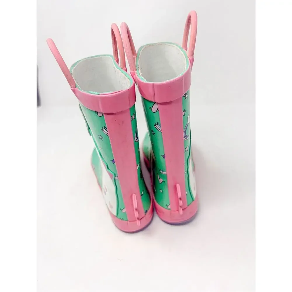 Kids Girl's Dreamy Unicorn Rubber Rain Gumboots Green Pink Size 12